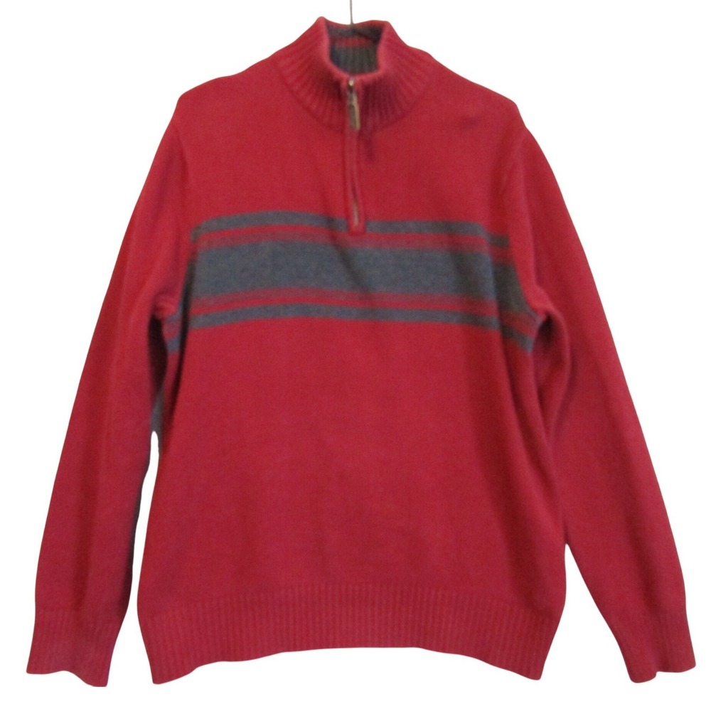Eddie Bauer Sweater Mens L Red Good Quarter Zip Striped Cotton Mock Neck